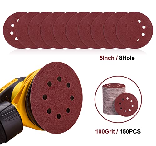 S SATC 150 Pcs Hook and Loop Adhesive Sanding Discs 5 Inch 8 Hole Sandpaper 100 Grit Aluminum Oxide Sander Pads for Random Orbital Sander - style: 150PCS 5 Inch 100 Grit