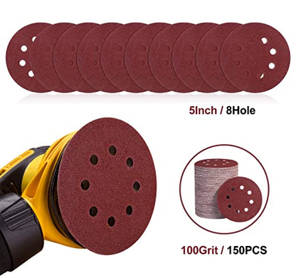 S SATC 150 Pcs Hook and Loop Adhesive Sanding Discs 5 Inch 8 Hole Sandpaper 100 Grit Aluminum Oxide Sander Pads for Random Orbital Sander - style: 150PCS 5 Inch 100 Grit