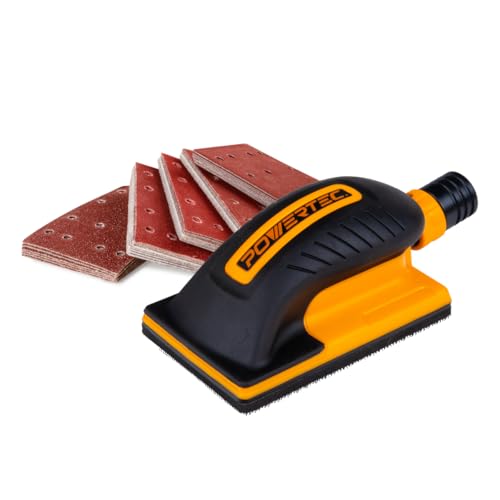 POWERTEC Vacuum Sanding Block Set w/ 1" OD Dust Extraction, Dust-Free Hook and Loop Sandpaper (40, 80, 120, 180, 240 Grit, 10 Each) for Woodworking, Sanding Tool for Auto Body, Paint, Drywall (71514V)