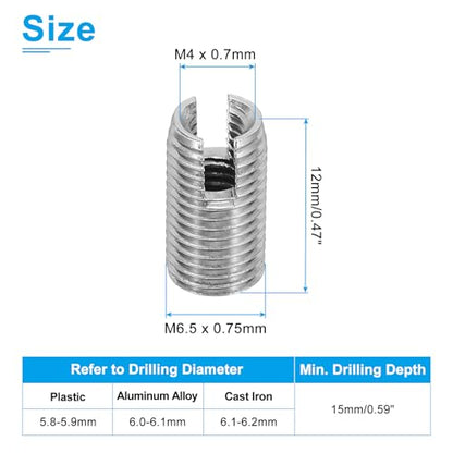 PATIKIL Self-Tapping Threaded Inserts, 20 Pcs M4 x M6.5 x 12mm 303 Stainless Steel Thread Adapter Reducer Slotted Screw Repair Inserts Nuts Sleeve - size: M4 x M6.5 x 12mm