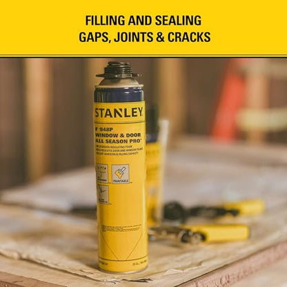 STANLEY F948P All Season Pro Gap Filler - Window & Door Filler in 10F˚, Expanding Polyurethane Sealant for Gaps & Cracks, | Including Gun, Cleaner, Safety Items | 24 Oz, 2 Pack - size: 2 Pack, style: All Season Pro Set
