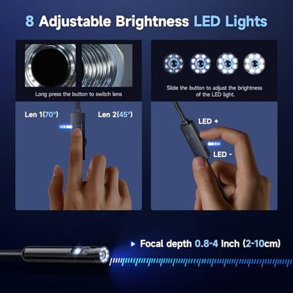 Endoscope Camera with Light, Dual-Lens 1920P HD Borescope with 8+1 Adjustable LED Lights, IP67 Waterproof Inspection Camera 16.5FT Semi-Rigid Snake Camera for iOS & Android (2 Interface) - size: 2 Interface