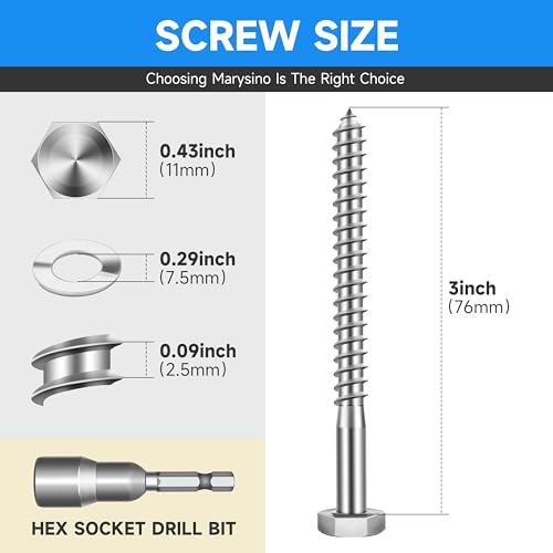 (20-Set) 1/4 x 3 Lag Screws for Wood, Stainless Steel Heavy Duty Hex Head Lag Bolts, ASME B18.2.1 Commercial/Industrial Grade Mounting Screws Bolts Kit by Marysino - color: Silver, size: 1/4 x 3"
