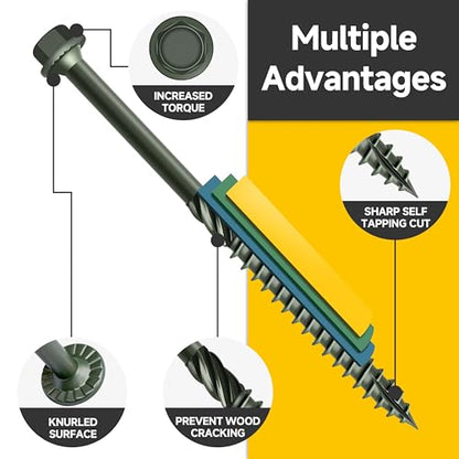 Mywish 100 Pack #14 x 8 Inch Exterior Lag Screws, 6.3x100mm Serrated Hex Washer Structural Deck Wood Screw, Heavy Duty Construction Screw, Rust Resistant Green Coated, Exterior Wood Screws - size: 14 x 8"
