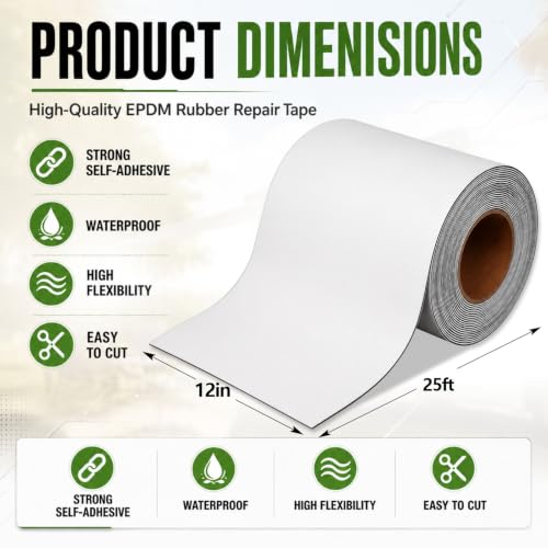Pushglossy 12" x 25ft EPDM Rubber Roofing Seam Butyl Tape, White - color: White, size: 12 Inch X 25 Feet