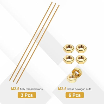 uxcell Brass Fully Threaded Rod M2.5x0.45mm Pitch Studs 200mm/8 Long 3 Sets - size: M2.5x0.45mmx200mm