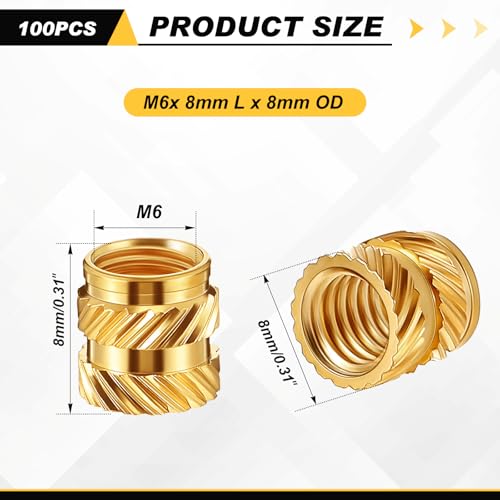 Yaocom 100 Pcs M6 Threaded Inserts M6 x D8 x L8 Heat Set Inserts - size: M6 X D8 X L8