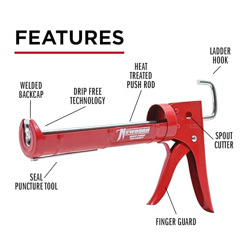 Newborn 189D Drip-Free Super Ratchet Rod Cradle Caulking Gun, 1/10 Gallon Cartridge, 6:1 Thrust Ratio, Red