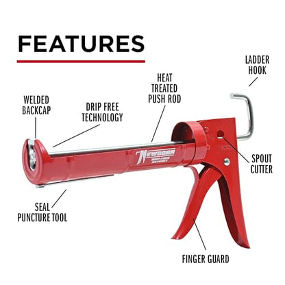 Newborn 189D Drip-Free Super Ratchet Rod Cradle Caulking Gun, 1/10 Gallon Cartridge, 6:1 Thrust Ratio, Red