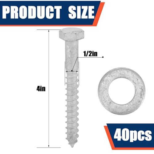 Tandefio 40 Pack 1/2'' x 4'' Lag Screw Bolts with Washer Galvanized - size: 1/2'' x 4''