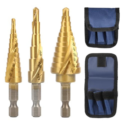 3PCS Step Drill Bit Set, 1/4" Hex Shank High-Speed Steel Spiral Grooved Step Drill Bit, Step Bits for Metal, Wood, Plastic, Aluminium, Unibit Cone Drill Bits with 31 Step Sizes Total - style: 3PCS Step Drill Bits Spiral