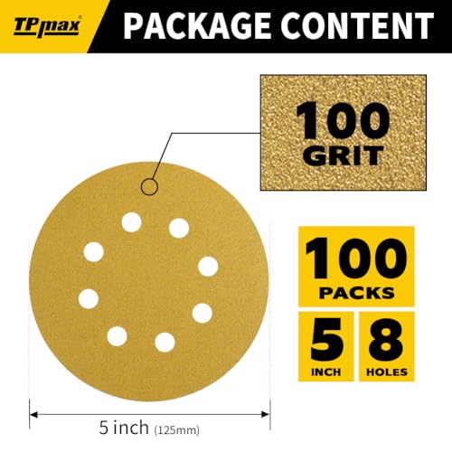 100PCS 5 Inch 100 Grit 125mm 8 Hole Sanding Discs Sandpaper - Premium Gold Round Hook and Loop for Random Orbital Sander - Ideal for Wood, Metal, Automotive - style: 100 Grit - 100 Pack