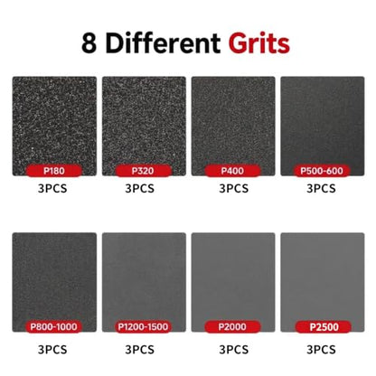 24Pcs 3 x 4 Inch Sanding Sponge Set, 180-2500 Grit Wet Dry Abrasive Sanding Sponges Pads, Soft Foam Hand Sander Block Sandpaper for Wood Metal Drywall Furniture Polishing