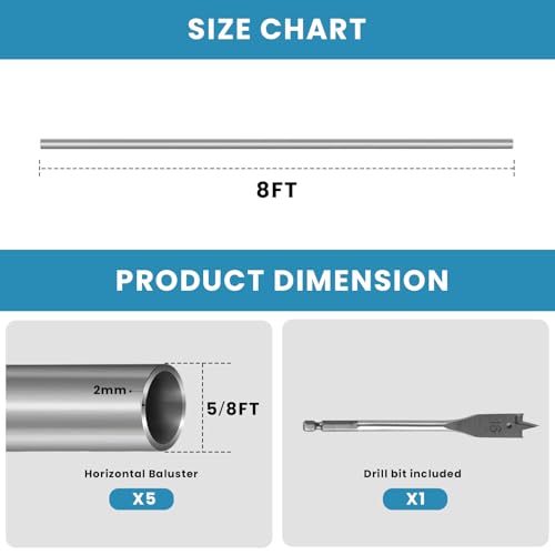 8 Foot x 5/8-inch Round Horizontal Bar Baluster for Stair Remodel- 304 Stainless Steel Hollow Staircase Metal Spindles for Indoor Staircase-5 Pack - size: Stainless Steel-8 Feet-1mm