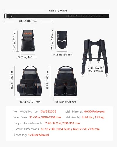 VEVOR Tool Belt, 19 Pockets Tool Pouch with Suspenders for Men, Heavy Duty Adjustable Utility Belt Work Bag Detachable Suspension Rig for Electrician, Carpenter, Construction, Adjust Waist 31 to 51in - size: 19 Pockets