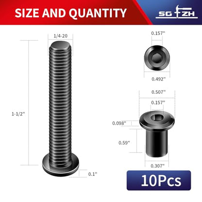 1/4-20 x 1-1/2" 10Pcs Flat Head Hex Socket Cap Screws Bolts Barrel Nuts Kit, 304 Stainless Steel 18-8, Full Thread, Black Oxide by SG TZH (with Hex Spanner) - color: Black, size: 1/4-20 x 1-1/2"
