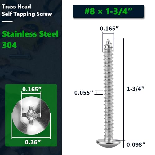 #8 x 1-3/4" Stainless Steel Truss Head Self Tapping Screws, 304 SS (18-8), Phillips Drive, Corrosion Resistant Screws for Wood, Metal & Sheet Metal Projects, 50 Pack - size: #8 x 1-3/4"