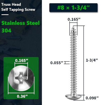 #8 x 1-3/4" Stainless Steel Truss Head Self Tapping Screws, 304 SS (18-8), Phillips Drive, Corrosion Resistant Screws for Wood, Metal & Sheet Metal Projects, 50 Pack - size: #8 x 1-3/4"