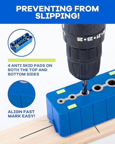 Drill Block Guide Set for Straight Holes with Drill Bits & Stop Collars – Complete Kit with 9 Brad Point Bits, 6 Depth Collars, Case, Guide Blocks for Woodworker Drilling Holes & DIY Projects