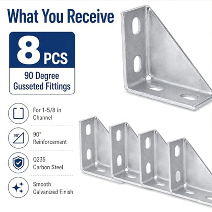 8 Pack 90 Degree Gusseted Fittings, Q235 Carbon Steel for 1-5/8" Channel