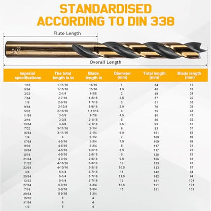 29Pcs Brad Point Drill Bit Set, Full Ground with Self-Centering Tip (1/16-1/2 Inch,Titanium Coated HSS Wood Drill Bits for Hardwood & Softwood, 1/64 Inch Increment) & Storage Case