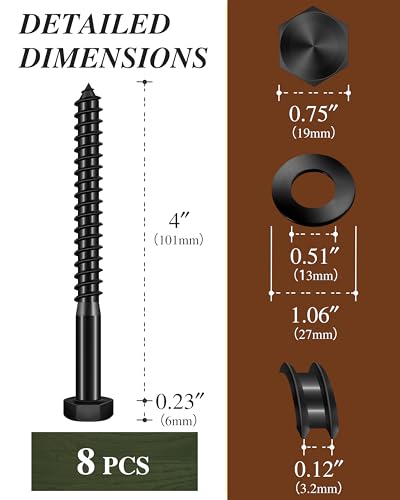 (1Box) 3/8" x 4" Hex Head Lag Screws Bolts with Flat Washers, 8Sets Black 304 Stainless Steel 18-8 Heavy Duty 3/8 Lag Bolts for Wood with Hex Socket - size: 3/8" x 4", style: 1-Box