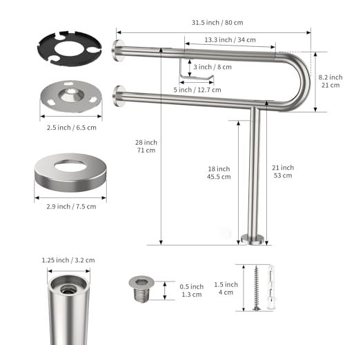 ZUEXT 31.5x28 Inch Brushed Nickel Knurled Toilet Grab Bar with Paper Holder - color: Brushed Nickel, size: 31.5 Inch