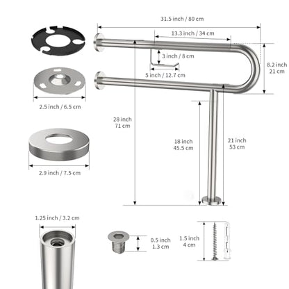 ZUEXT 31.5x28 Inch Brushed Nickel Knurled Toilet Grab Bar with Paper Holder - color: Brushed Nickel, size: 31.5 Inch