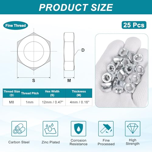 PATIKIL M8x1x4mm Steel Hex Nuts, 25Pcs Metric Fine Thread Carbon Steel Zinc Plated Finished Hardware Screw Nuts Fasteners for Machinery Manufacturing, Industrial Use, 12mm Width - size: M8x1x4x12mm