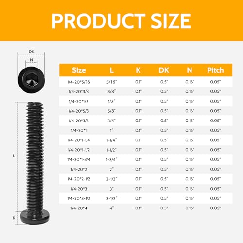 1/4-20 Bolt, 1/4-20 x 1-3/4" (20 Pcs) Flat Head Hex Socket Cap Screws Bolts, Black Oxide 304 Stainless Steel 18-8 Furniture Bolts, Fully Threaded Machine Thread, Bright Finish with Hex Spanner - size: 1/4-20 x 1-3/4" (20 Pack)