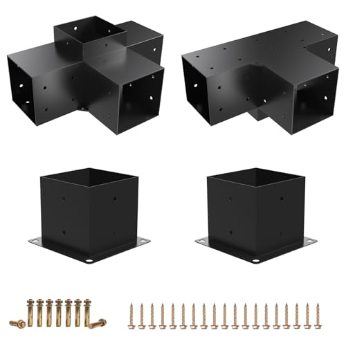 2 Pack Pergola Brackets 4x4 Pergola Kit 4-Way T Brackets Corner Bracket/ Gazebo Kit Post Base for 4x4'' (Actual 3.5x3.5 in) Wooden Beams Lumber Gazebos Patio Pergola Sheds - size: 2P 4-Way Bracket +1P Base