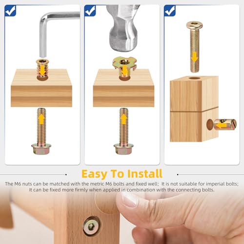 Glarks 60pcs M6 x 10/12/15/20mm Nickel Plated Barrel Cross Dowels Slotted Nut Kit, Includes 40pcs Barrel Nut, 10pcs M6x10mm 4-Pronged Tee Nut, 10pcs M6x15mm Hex Socket Threaded Insert Nuts - size: M6, style: 60pcs Silver Barrel Nut Set