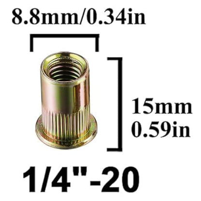 Rivet Nut 1/4"-20 UNC 120Pcs Yellow Zinc Plated Flat Head Knurled - color: YELLOW, size: 1/4"-20