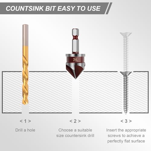 5PCS Countersink Drill Bit Set, 1/4" Hex Shank Countersink Bit Set for Wood