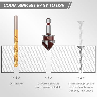5PCS Countersink Drill Bit Set, 1/4" Hex Shank Countersink Bit Set for Wood