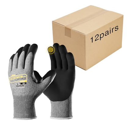 COOLJOB ANSI A5 Cut Resistant Gloves 12 Pairs, Nitrile Rubber Dipped Safety Work Gloves for Men, Knife Proof with Grip Coating for Construction Warehouse Glass Wood Work, Grey Small - size: Small, style: A5 Pack of 12