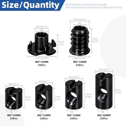 Glarks 150pcs M6 x 10/12/15/20mm Black Barrel Cross Dowels Slotted Nut Kit, Includes 100pcs Barrel Nut, 25pcs M6x10mm 4-Pronged Tee Nut, 25pcs M6x15mm Hex Socket Threaded Insert Nuts - size: M6, style: 150pcs Black Barrel Nut Set