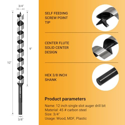 3/4x12 Inch Auger Drill Bit, Hex Shank 3/8 Inch - size: 3/4" x 12"