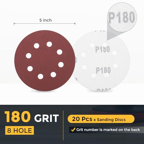 HARFINGTON 20 Pcs 5 Inch Sanding Discs 180 Grit Red Aluminum Oxide 8 Hole - size: 5 Inch(180 Grit)