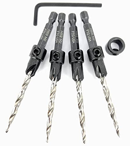 FTG USA #10(3/16") Wood Countersink Drill Bit 4-Pc Set with 3/8" Depth Stop - size: #10, style: 4 Pc with Depth Stop