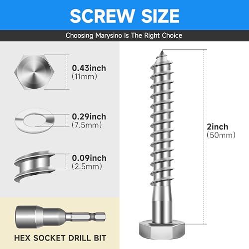 (20-Set) 1/4 x 2 Lag Bolts, Stainless Steel Heavy Duty Hex Head Lag Screws for Wood, ASME B18.2.1 Commercial/Industrial Grade Mounting Screws Bolts Kit by Marysino - color: Silver, size: 1/4 x 2"
