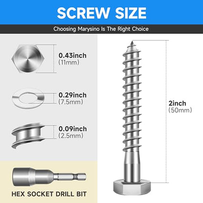 (20-Set) 1/4 x 2 Lag Bolts, Stainless Steel Heavy Duty Hex Head Lag Screws for Wood, ASME B18.2.1 Commercial/Industrial Grade Mounting Screws Bolts Kit by Marysino - color: Silver, size: 1/4 x 2"