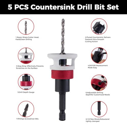 Countersink Drill Bit, 1/8" x3/8" Carbide Tipped Drill Bits with Depth Stop, 1/4" Quick Change Hex Shank Countersink Drill with Replaceable HSS Pilot Drill Bit for Plastic, Woodworking - size: 1/8" x 3/8"