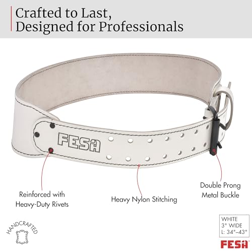 FESA Men's Leather Tool Belt - Handcrafted Top Grain Leather Tool Pouch Belt for Carpenters & Other Trade Professionals - color: White - 3" Wide - L