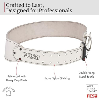FESA Men's Leather Tool Belt - Handcrafted Top Grain Leather Tool Pouch Belt for Carpenters & Other Trade Professionals - color: White - 3" Wide - L