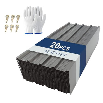 Metal Roofing Panels 20 PCS 112 sq.ft 42.52" x 18.9" Corrugated Galvanized Roof Panels, Waterproof Siding Panels with 200 Pcs Screws for Garages, Sheds, Stables and Mobile Homes