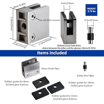 Glass Clamp－304 SS,Adjustable Fits1/3 -1/2" Glass Thickness(Silver-4pcs) - style: Silver-4pcs