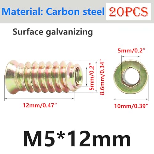Qrity 20 Pcs Threaded Insert, Hex Drive Threaded Inserts for Wood, Furniture Nuts, Hex Socket Drive M5x12mm, Wood Inserts - size: M5 x 12