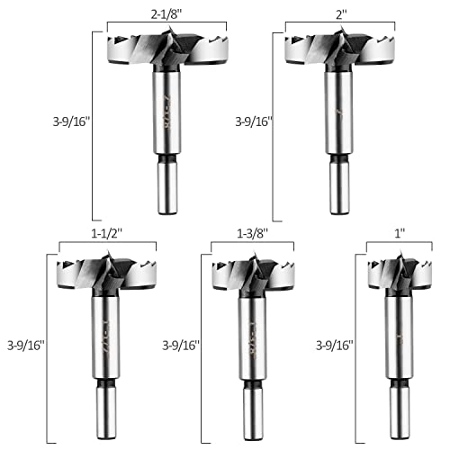 HPHOPE Forstner Bit Set 5Pcs - Forstner Bits for Wood, Wood Drilling with Round Shank, Drill Accessories, Size 1", 1-3/8", 1-1/2", 2", 2-1/8" with Storage Case - size: 5 Pcs Set