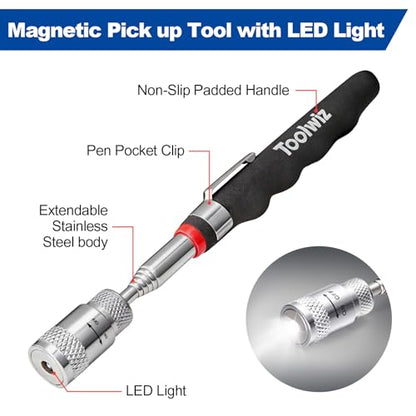 Toolwiz 15" Rolling Magnetic Sweeper with LED Telescopic Pick Up Tool - size: 15 inches + 8 LB Pick Up Tool with Light